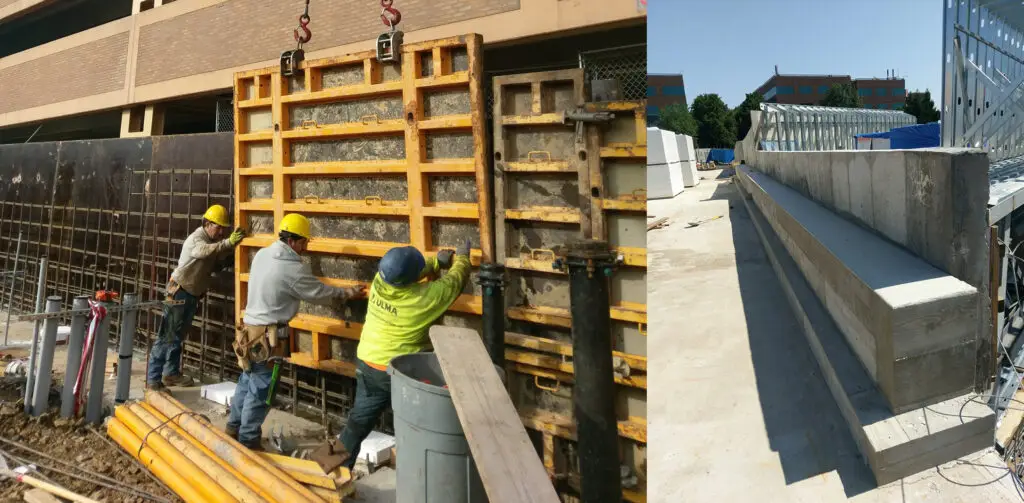 Workers position a form for a poured concrete wall, while a completed section cures under sunlight, showcasing strength and precision in construction
