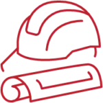 Red outline icon of a hard hat and blueprint representing construction careers and job opportunities in the building industry