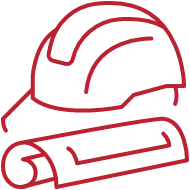 Red outline icon of a hard hat and blueprint representing construction careers and job opportunities in the building industry