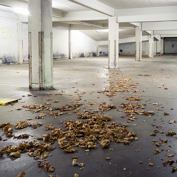 Dry leaves scattered across the concrete floor of a poorly maintained parking garage, highlighting the need for regular cleaning and upkeep