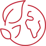 Red outline icon of a leaf and globe, symbolizing environmental sustainability and eco-conscious construction practices