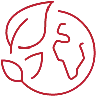 Red outline icon of a leaf and globe, symbolizing environmental sustainability and eco-conscious construction practices