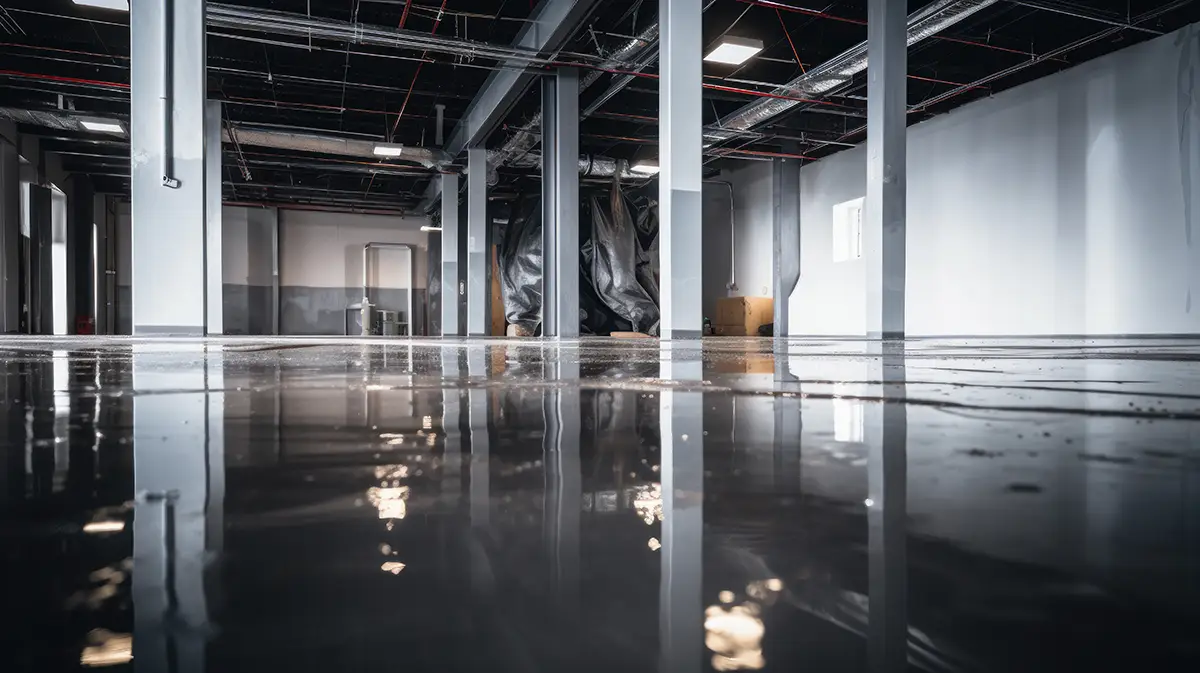 Glossy epoxy flooring reflects overhead lights in a clean, newly finished hangar or parking garage interior space