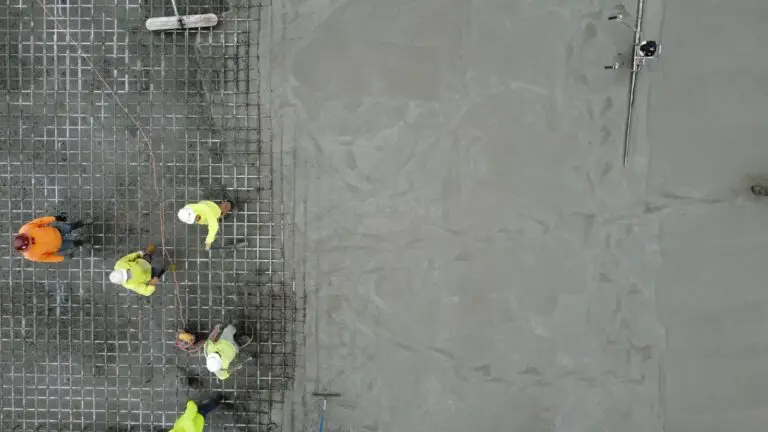 Crew transitions from rebar prep to fresh concrete pour. Finishing tools smooth the surface as teamwork ensures a strong and level foundation