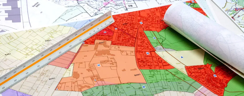 Detailed zoning and land use planning maps with color-coded sections, scale ruler, and development charts