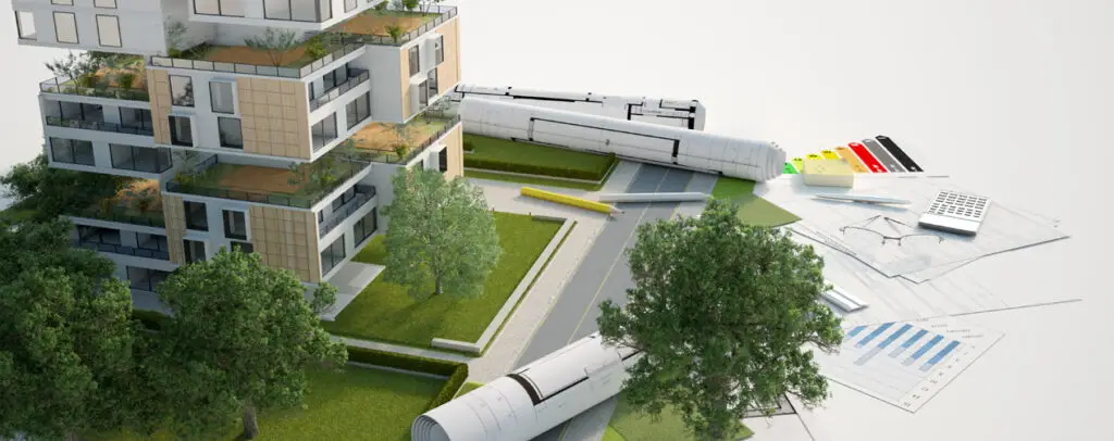 3D model of sustainable multifamily building surrounded by trees with architectural plans and energy charts