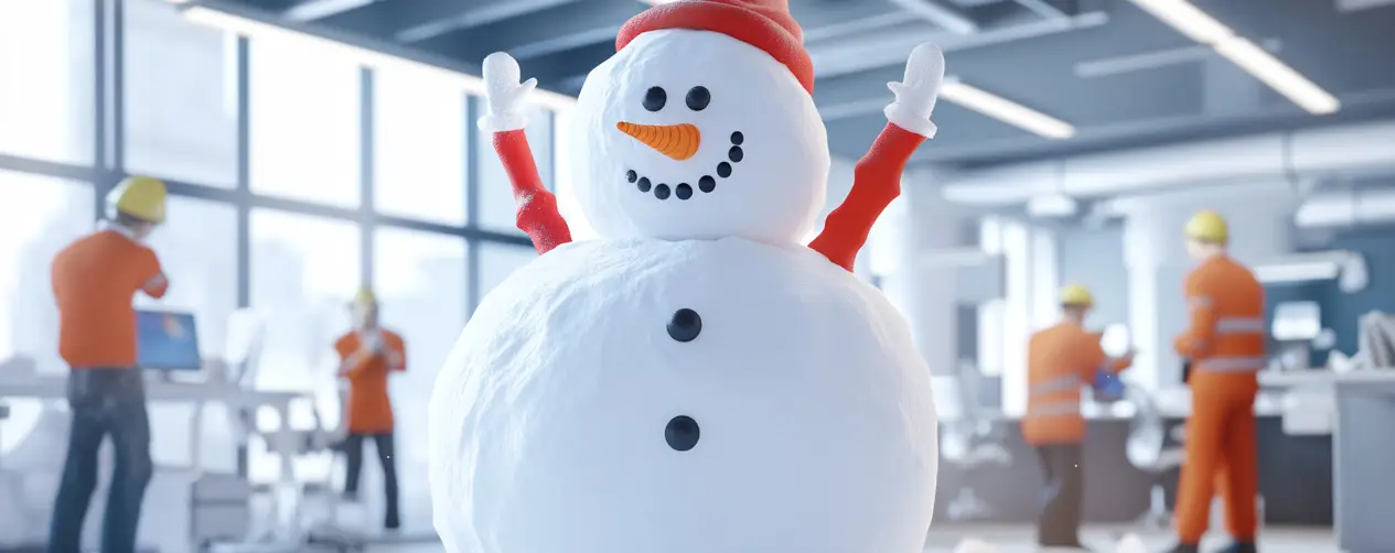 Snowman brings festive atmosphere to winter construction office with team in background